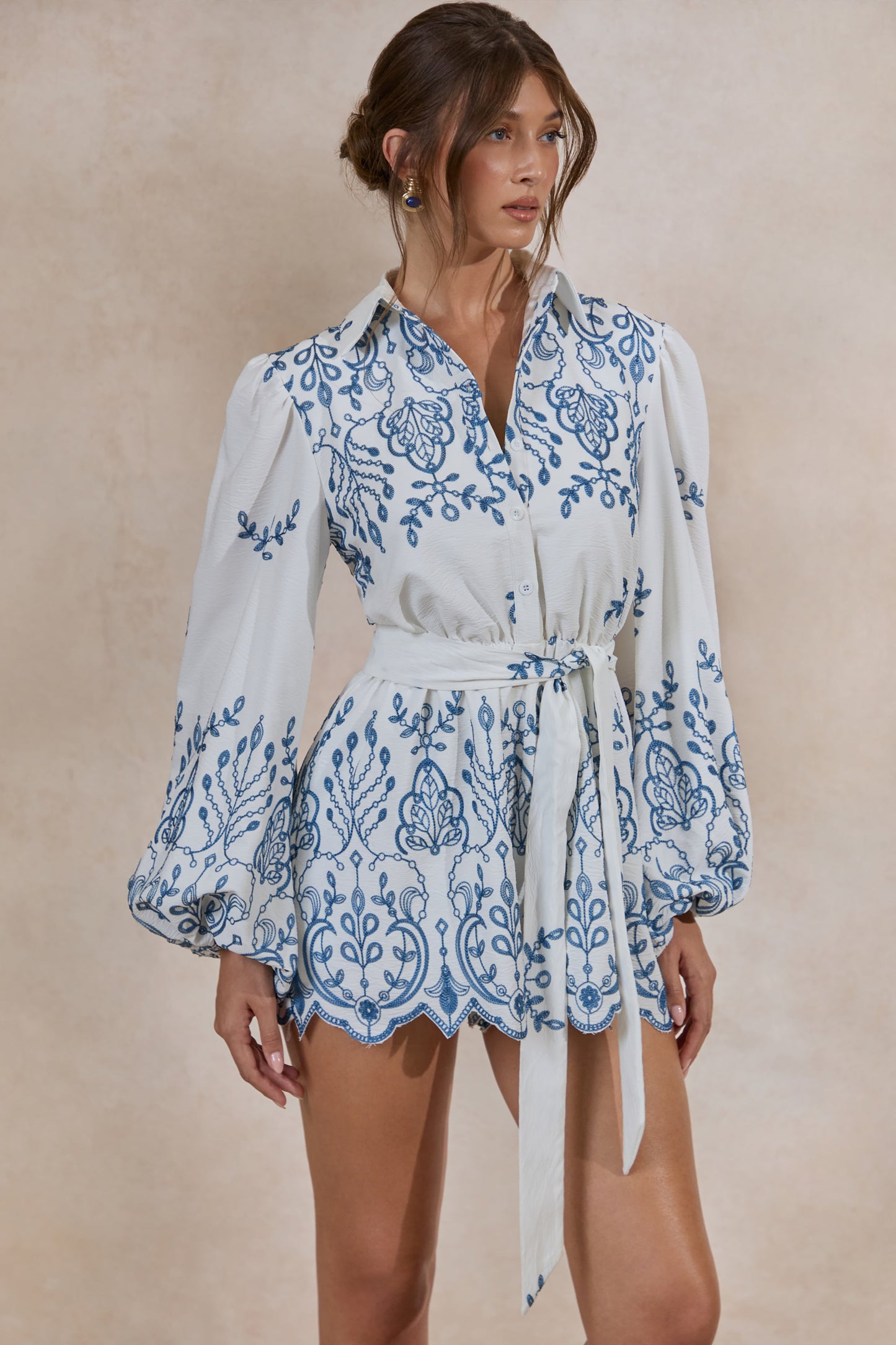 Adria | White And Blue Floral Broderie V-Neck Playsuit