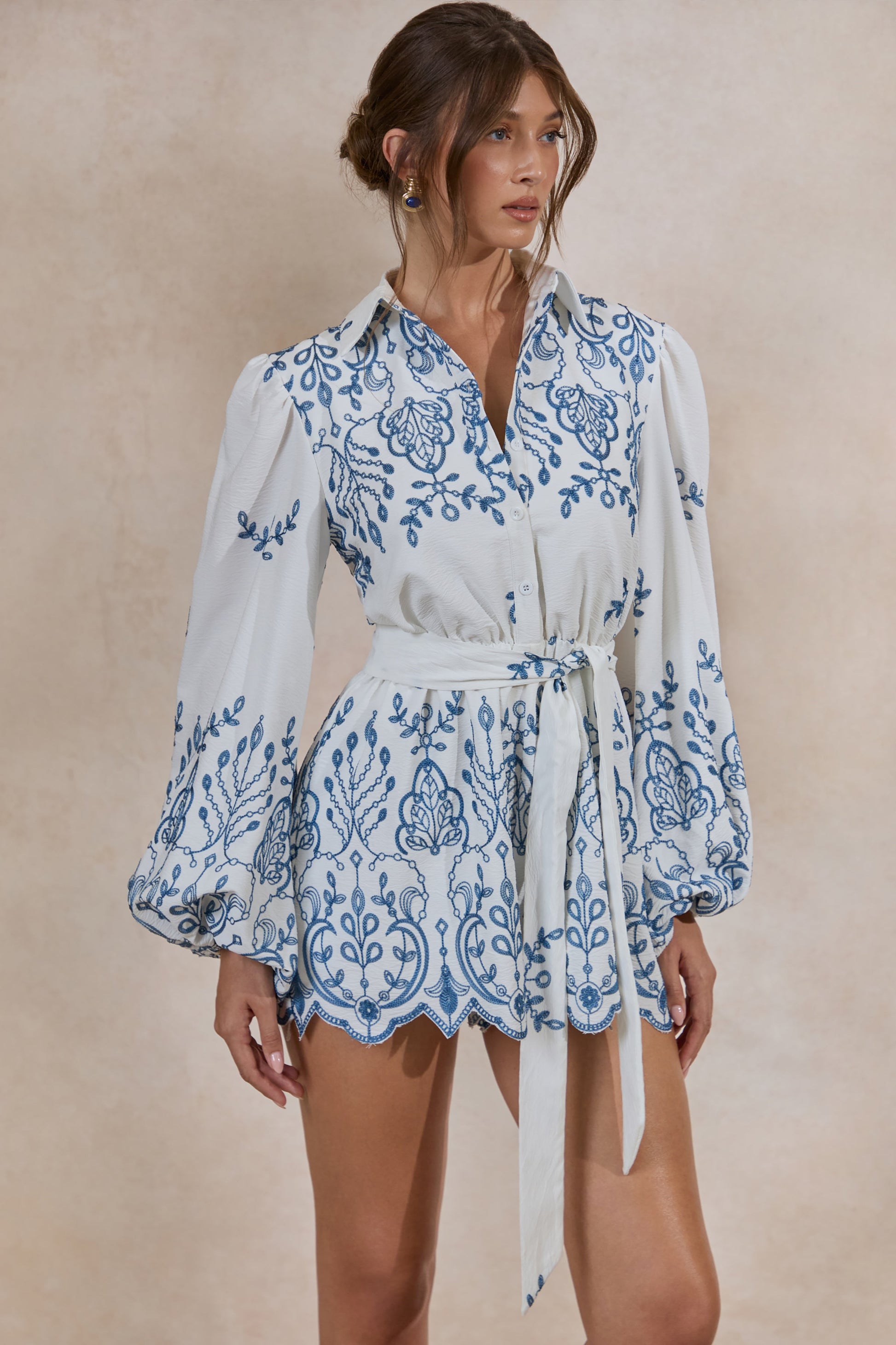 Adria | White And Blue Floral Broderie V-Neck Playsuit