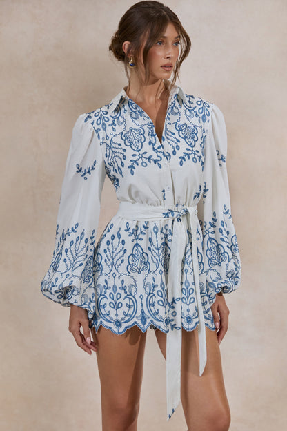 Adria | White And Blue Floral Broderie V-Neck Playsuit