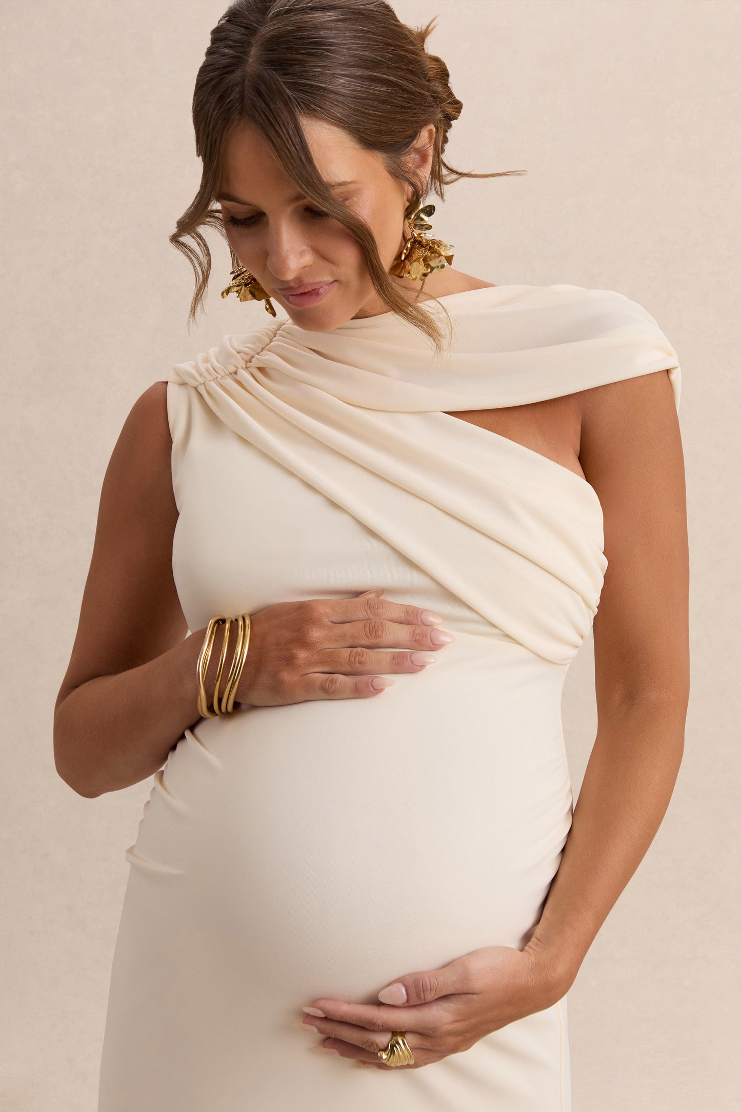 Eulalia | Cream Asymmetric-Neck Maternity Maxi Dress With Cape Detail