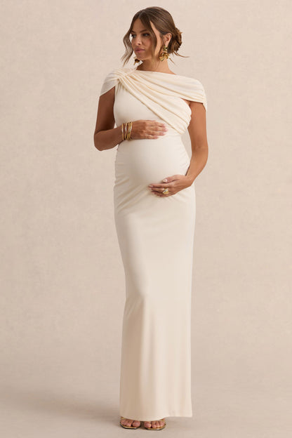 Eulalia | Cream Asymmetric-Neck Maternity Maxi Dress With Cape Detail