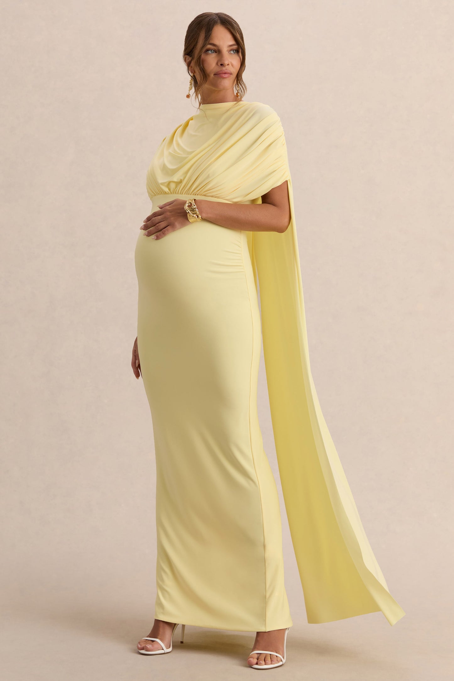 Araminta | Lemon Bardot-Neck Maternity Maxi Dress With Cape Sleeves