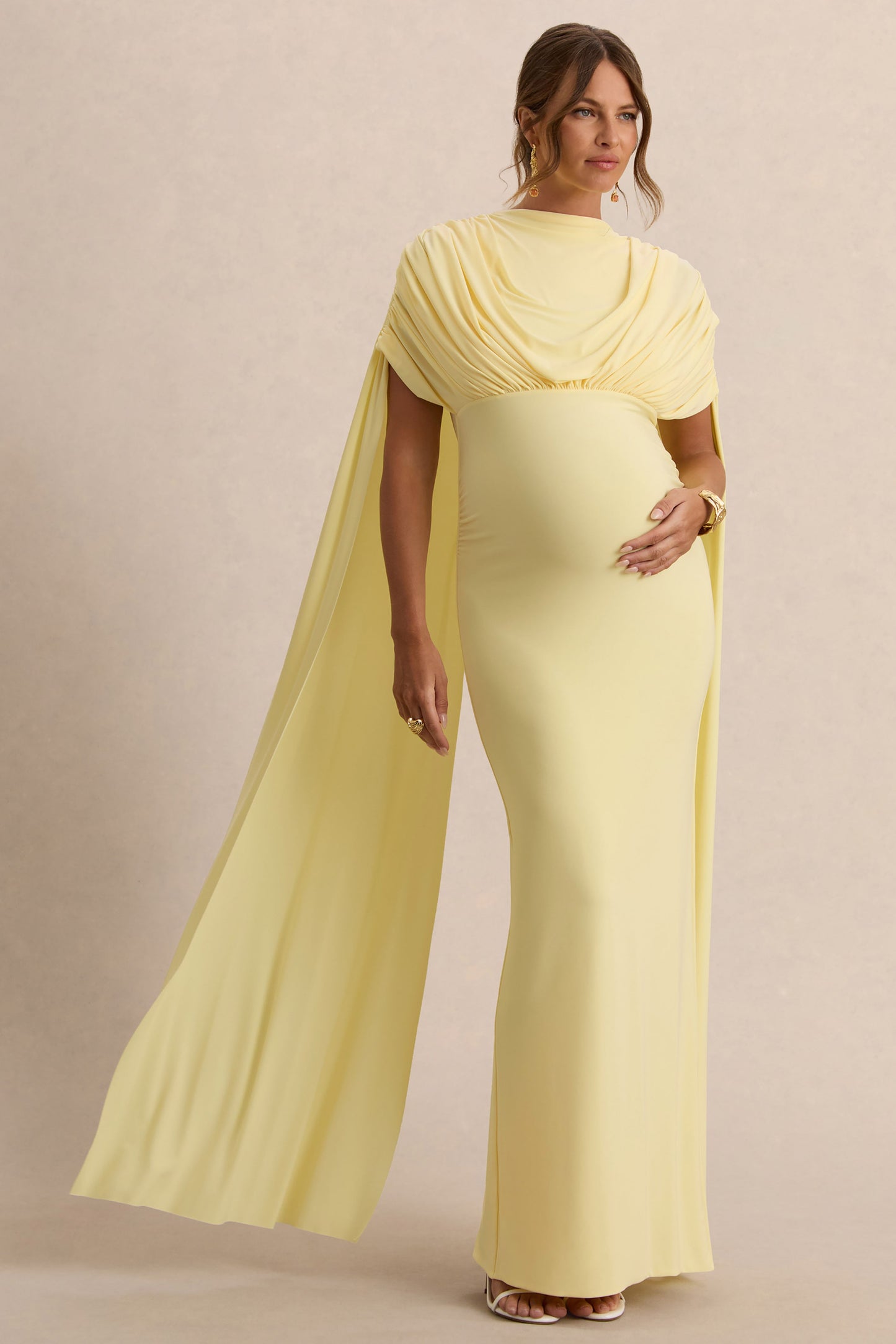 Araminta | Lemon Bardot-Neck Maternity Maxi Dress With Cape Sleeves