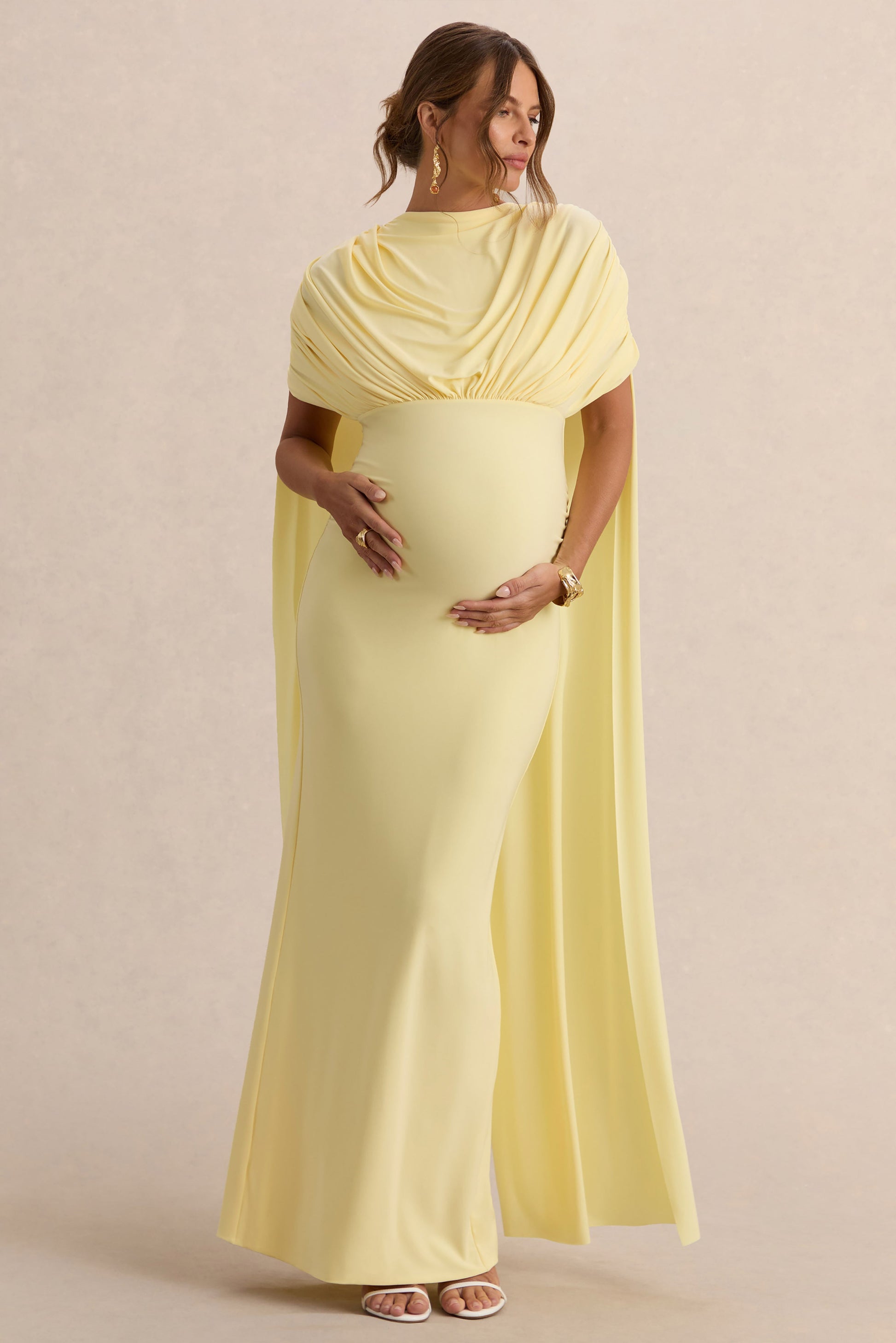 Araminta | Lemon Bardot-Neck Maternity Maxi Dress With Cape Sleeves