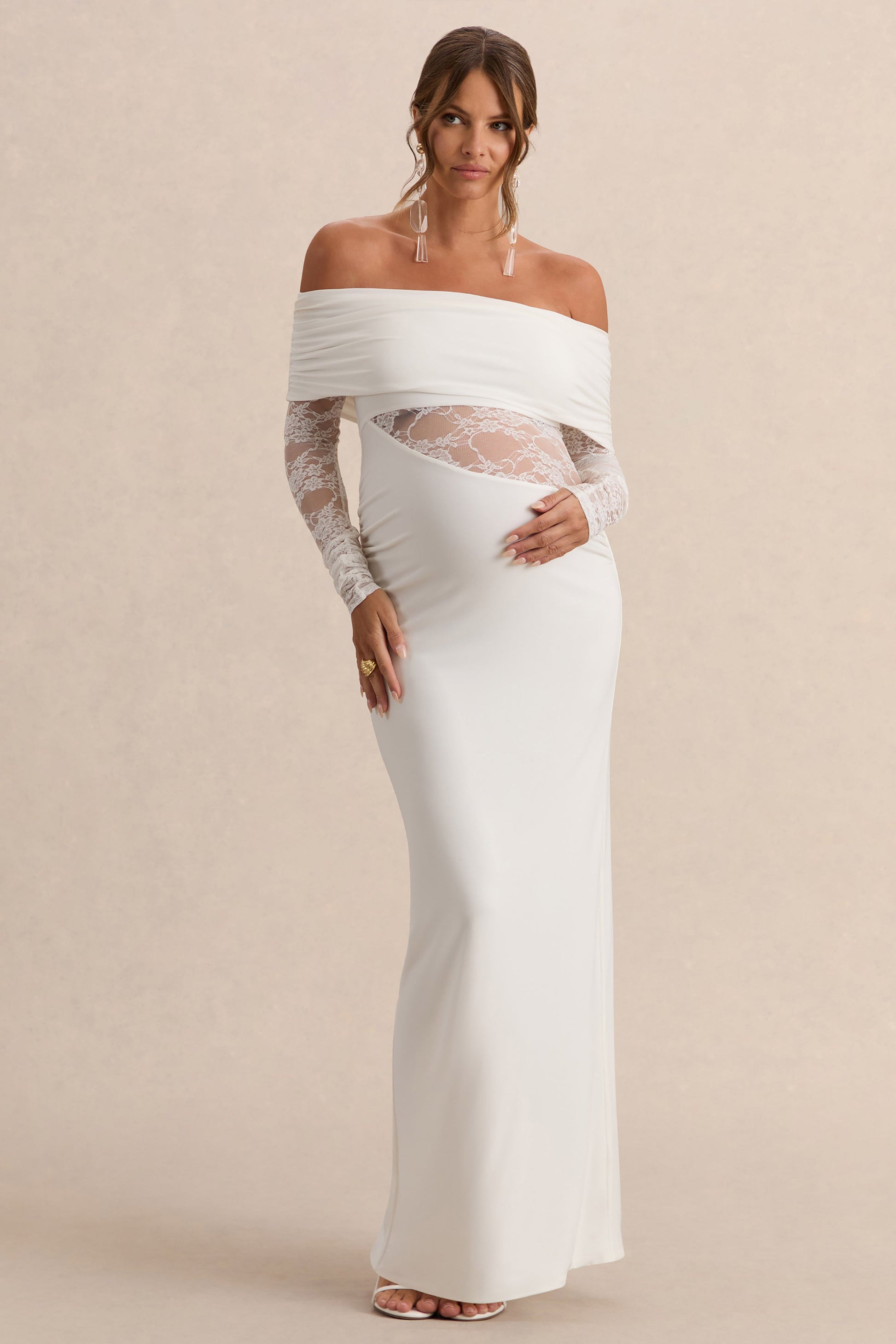 Artemisia | White Bardot-Neck Maternity Maxi Dress With Lace Detailing