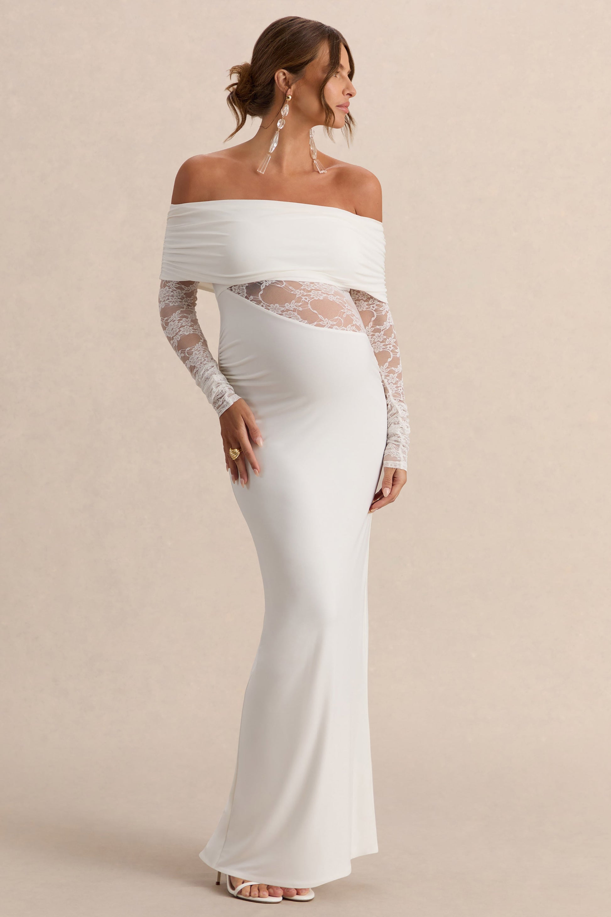 Artemisia | White Bardot-Neck Maternity Maxi Dress With Lace Detailing