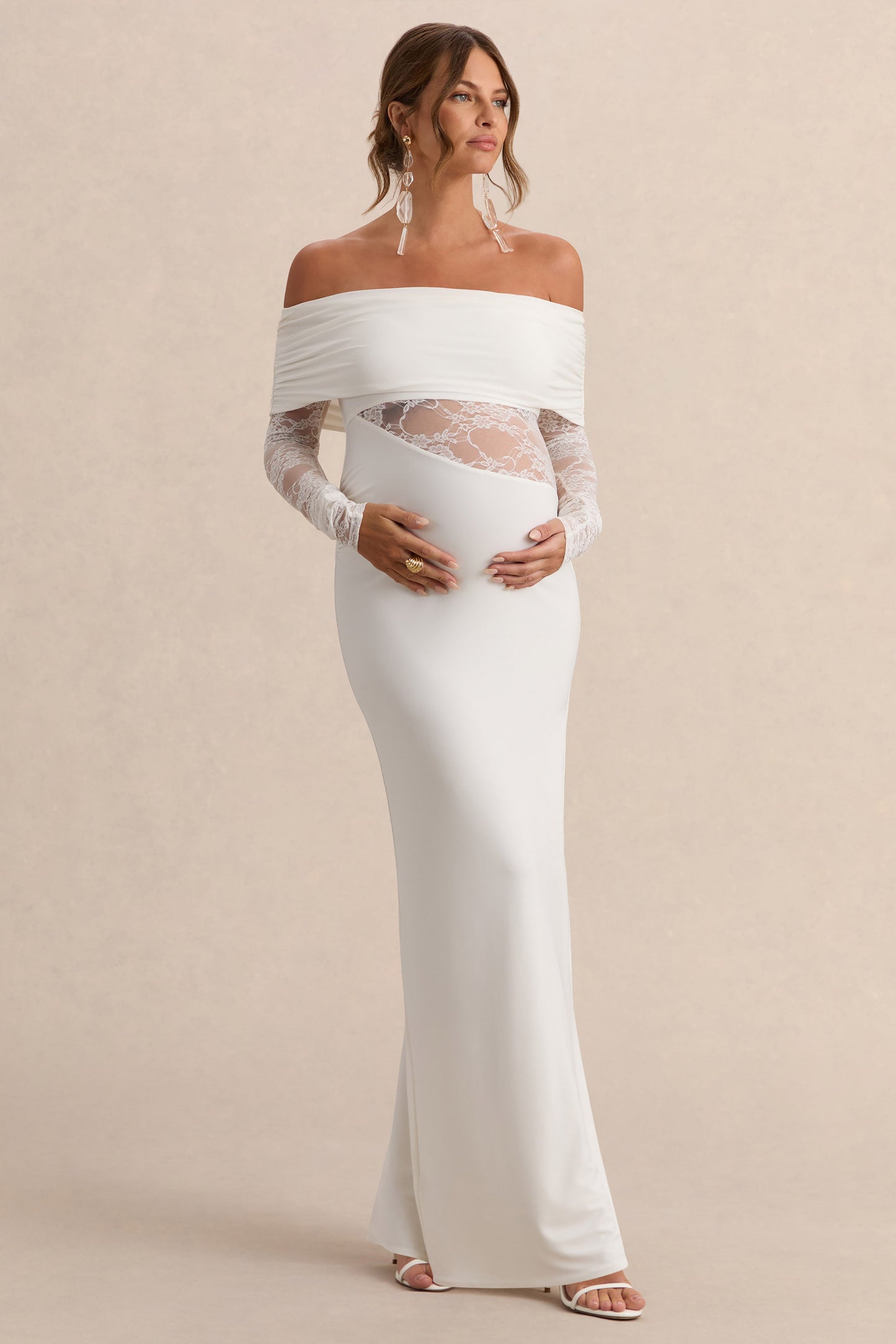 Artemisia | White Bardot-Neck Maternity Maxi Dress With Lace Detailing