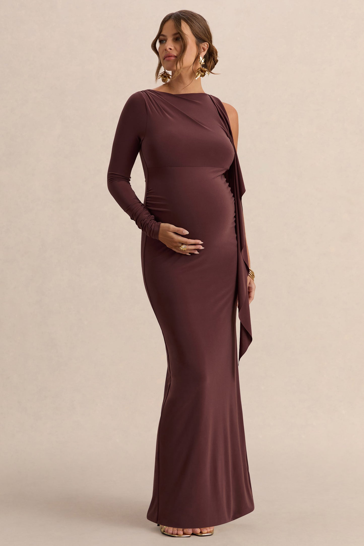 Emanuela | Dark Brown Boat-Neck Maternity Maxi Dress With Sash Detail