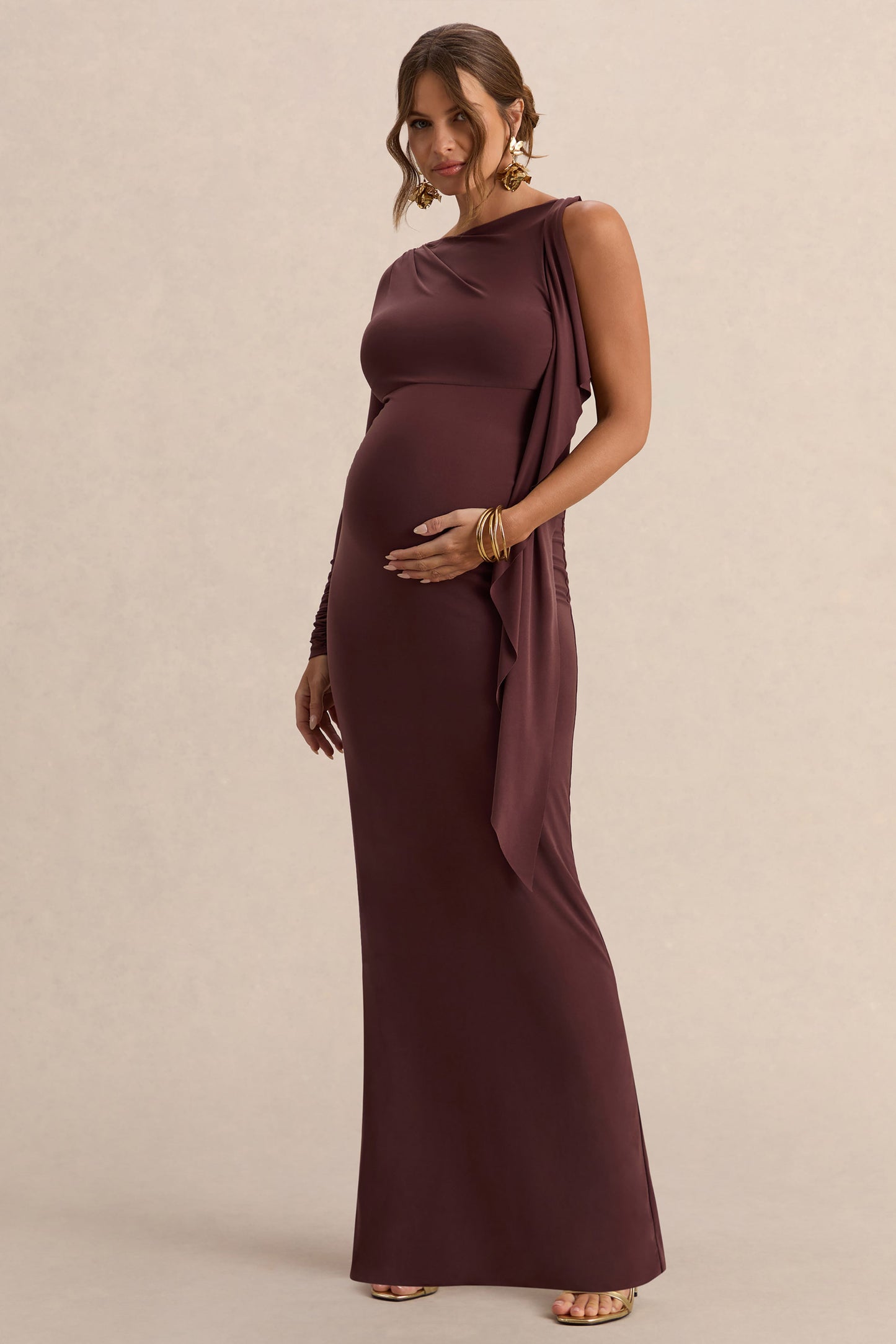 Emanuela | Dark Brown Boat-Neck Maternity Maxi Dress With Sash Detail