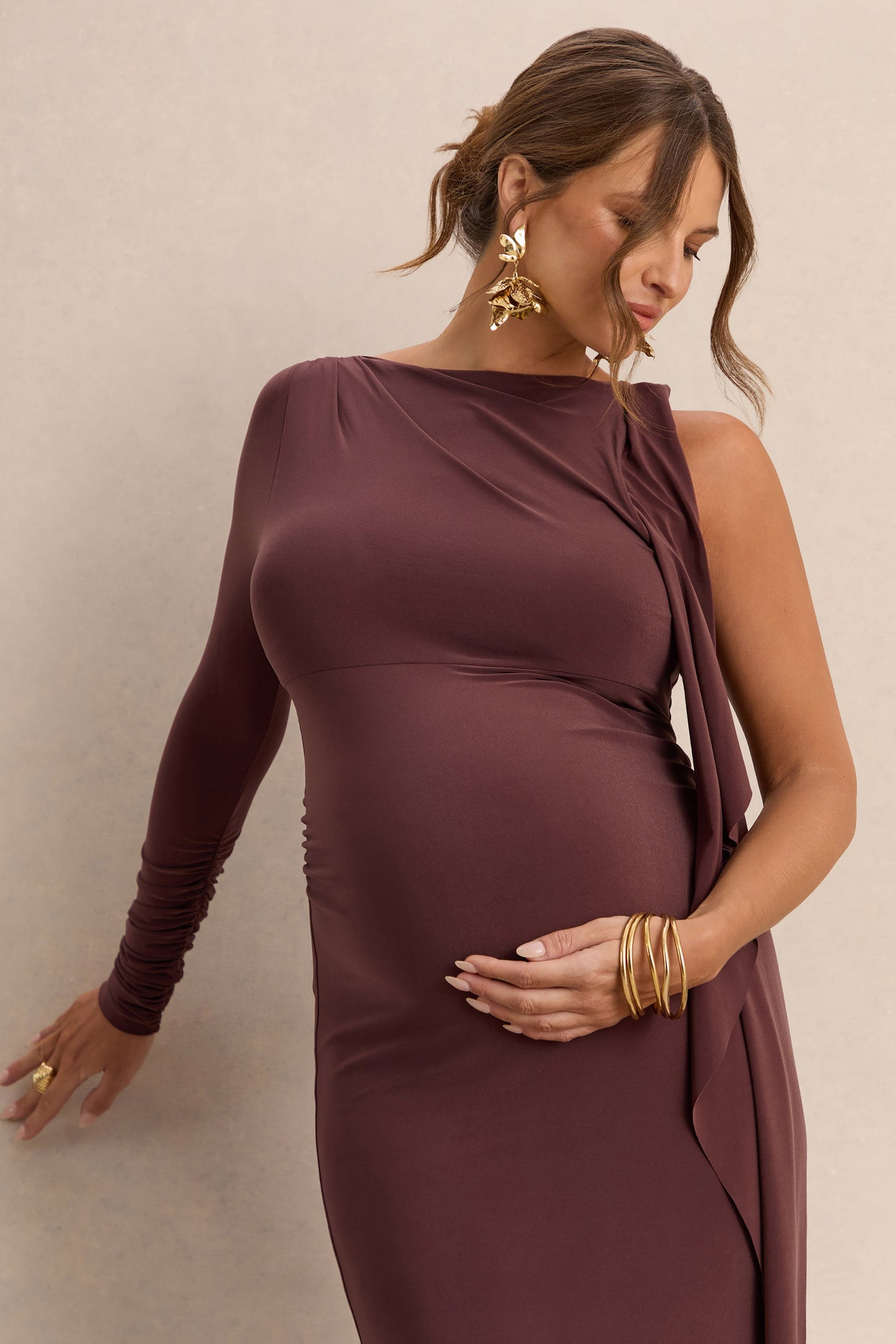 Emanuela | Dark Brown Boat-Neck Maternity Maxi Dress With Sash Detail