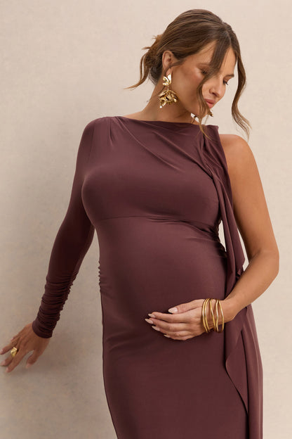 Emanuela | Dark Brown Boat-Neck Maternity Maxi Dress With Sash Detail