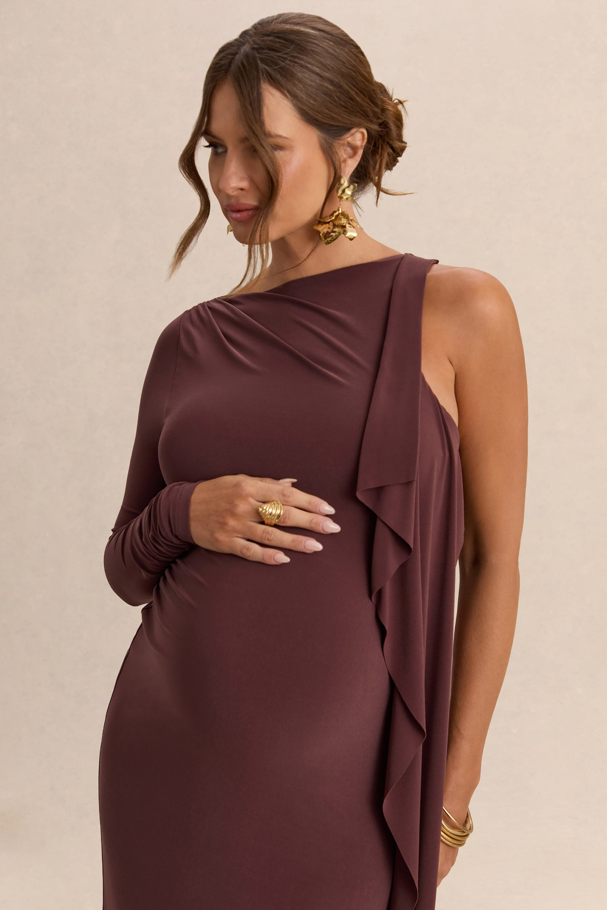 Emanuela | Dark Brown Boat-Neck Maternity Maxi Dress With Sash Detail