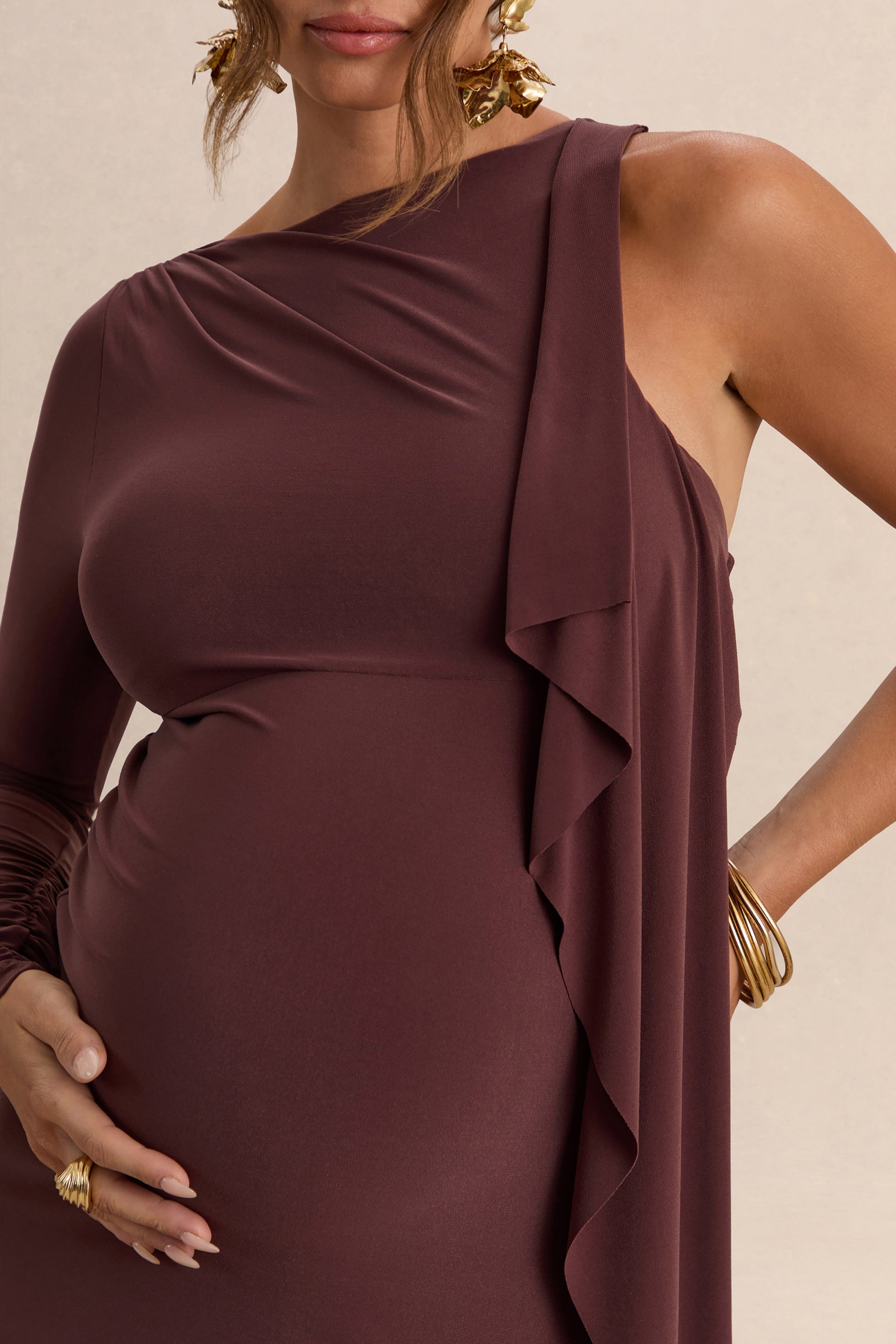 Emanuela | Dark Brown Boat-Neck Maternity Maxi Dress With Sash Detail