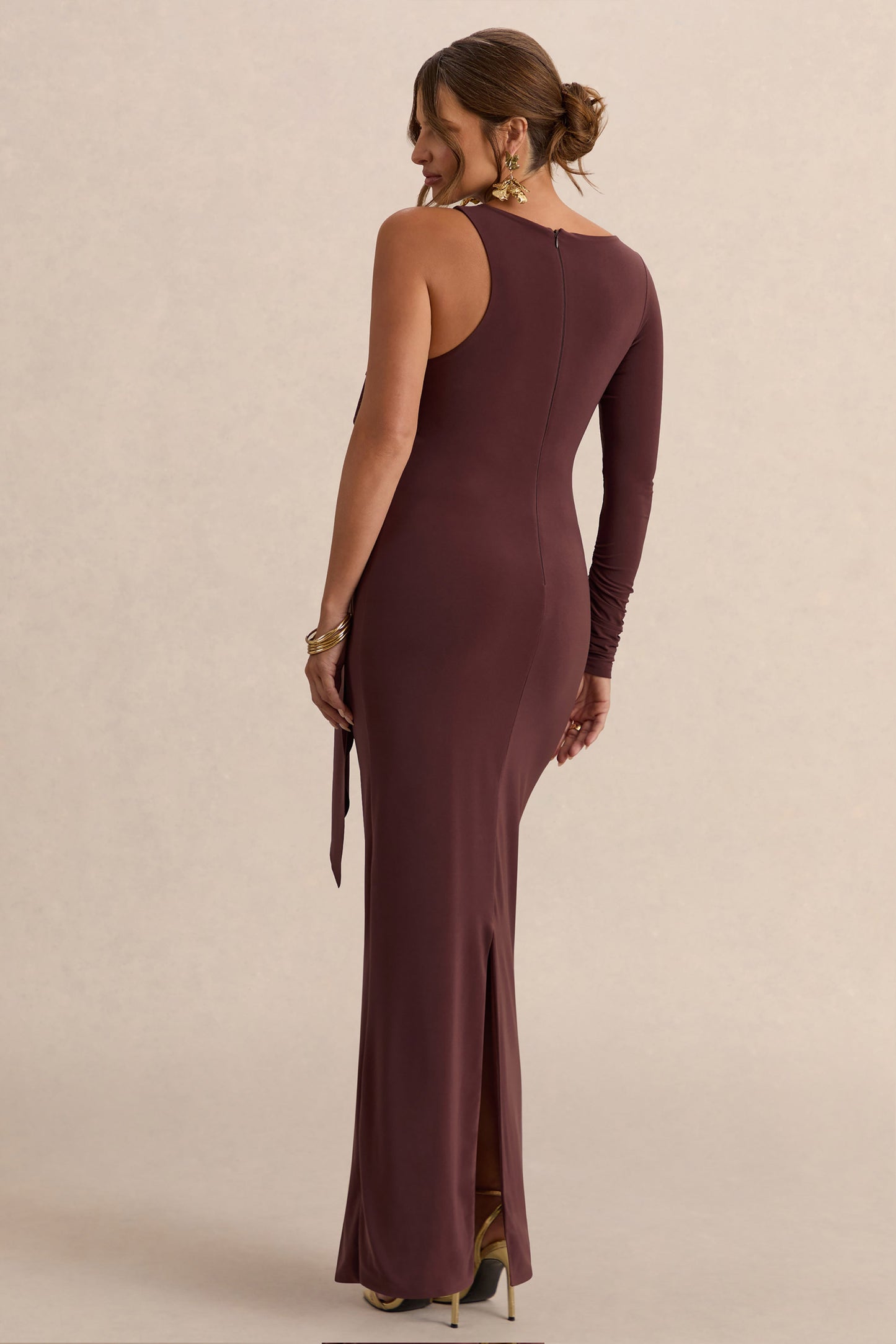 Emanuela | Dark Brown Boat-Neck Maternity Maxi Dress With Sash Detail