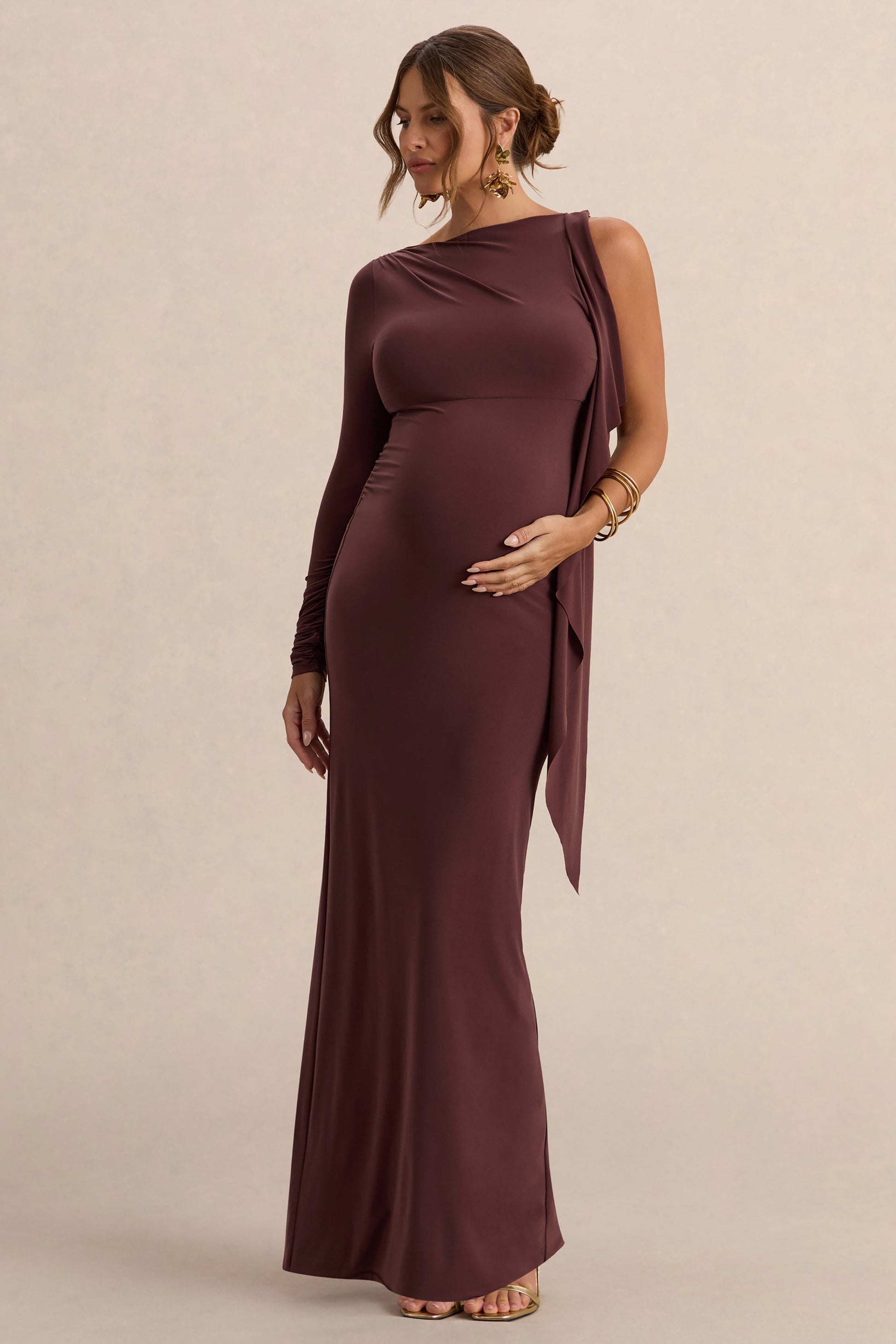 Emanuela | Dark Brown Boat-Neck Maternity Maxi Dress With Sash Detail