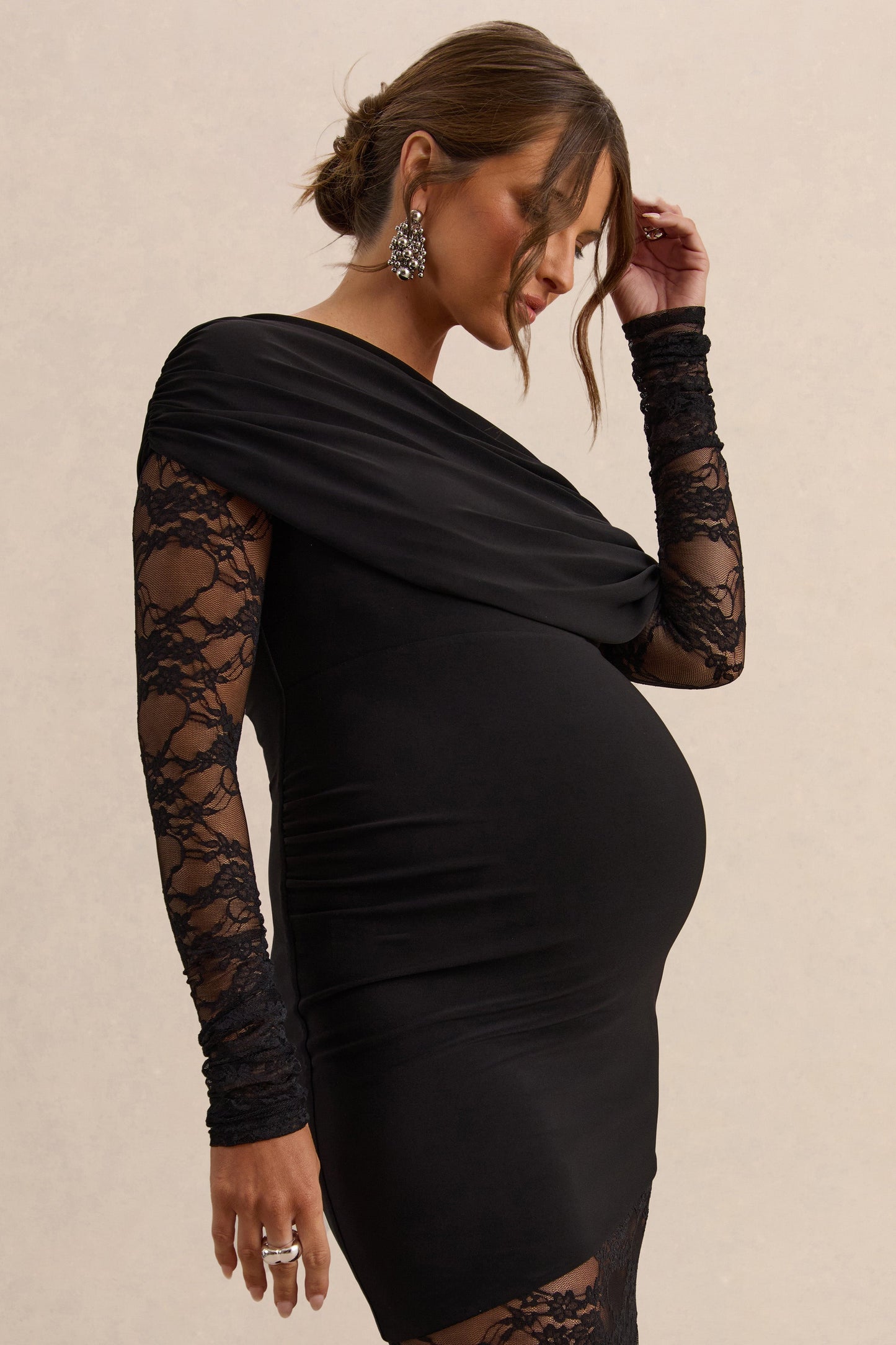 Giuliana | Black Asymmetric-Neck Maternity Maxi Dress With Lace Detailing