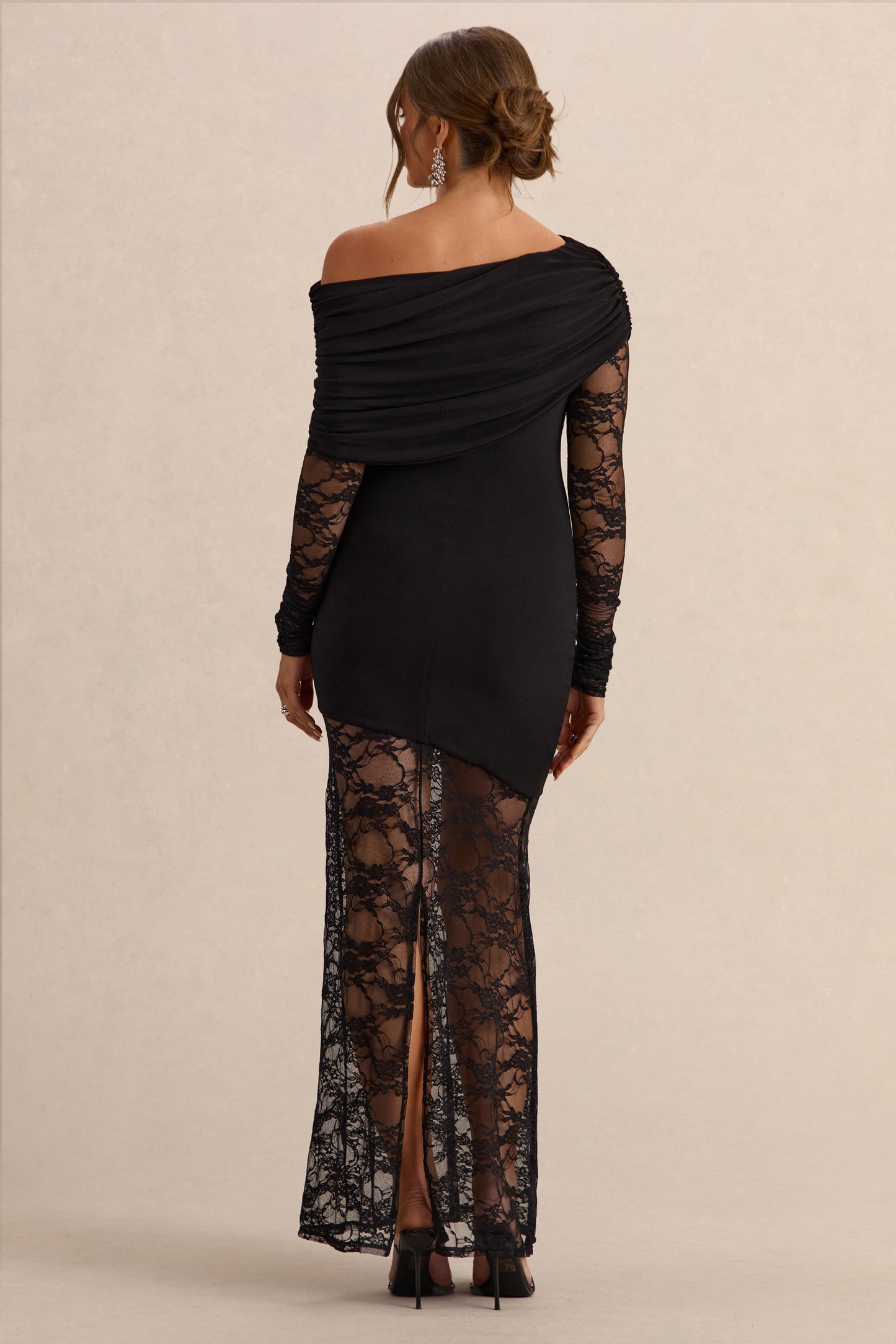 Giuliana | Black Asymmetric-Neck Maternity Maxi Dress With Lace Detailing