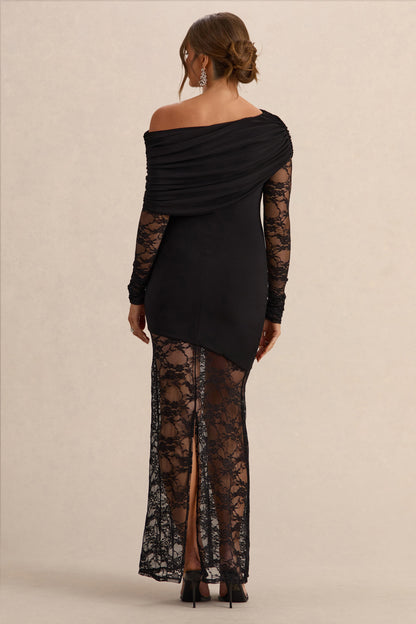 Giuliana | Black Asymmetric-Neck Maternity Maxi Dress With Lace Detailing