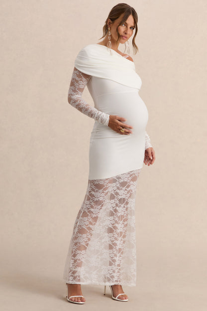 Giuliana | White Asymmetric-Neck Maternity Maxi Dress With Lace Detailing