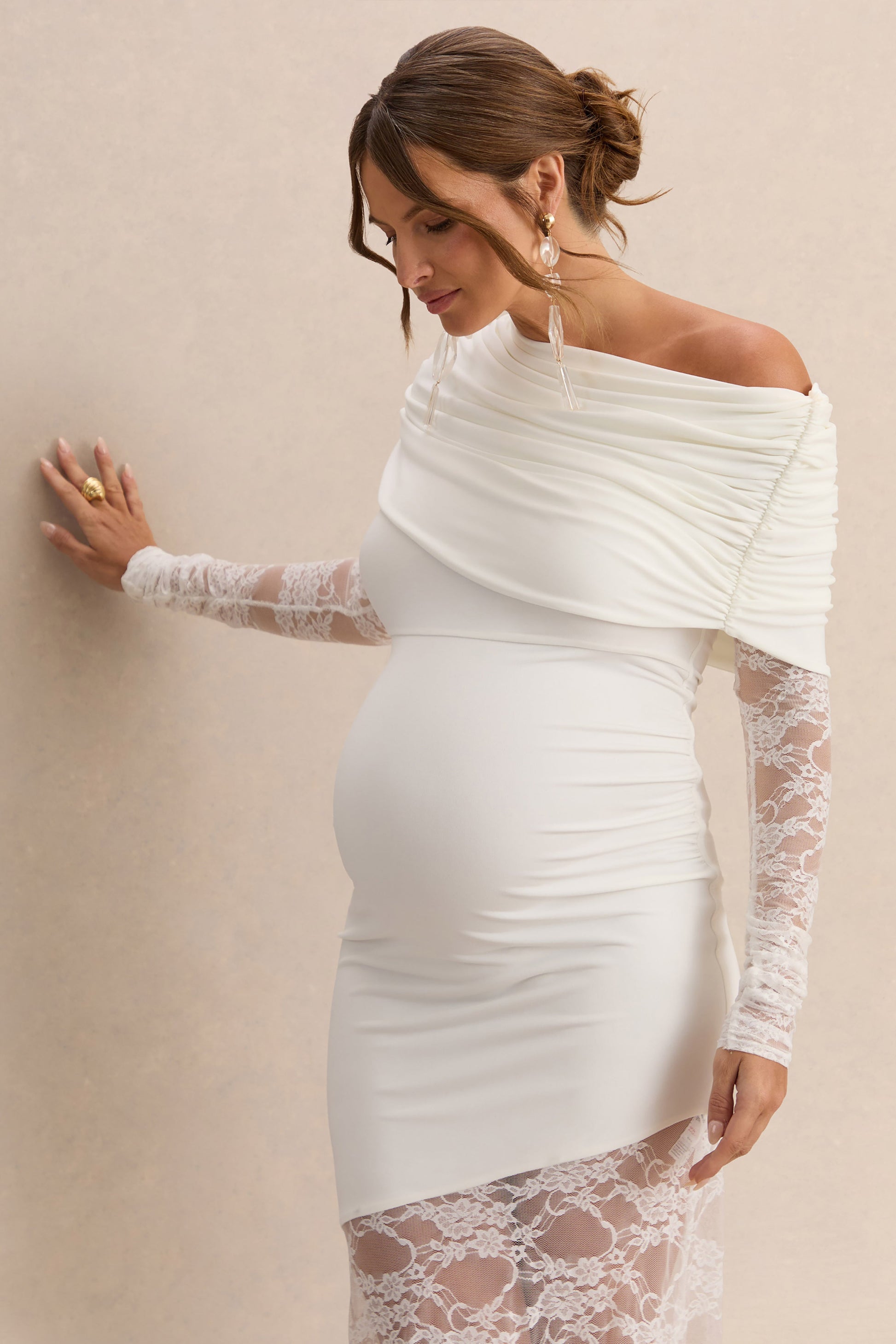 Giuliana | White Asymmetric-Neck Maternity Maxi Dress With Lace Detailing