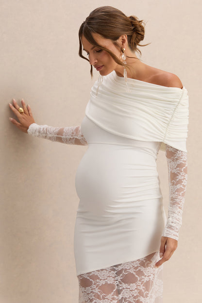 Giuliana | White Asymmetric-Neck Maternity Maxi Dress With Lace Detailing