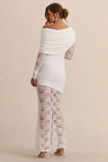 Giuliana | White Asymmetric-Neck Maternity Maxi Dress With Lace Detailing