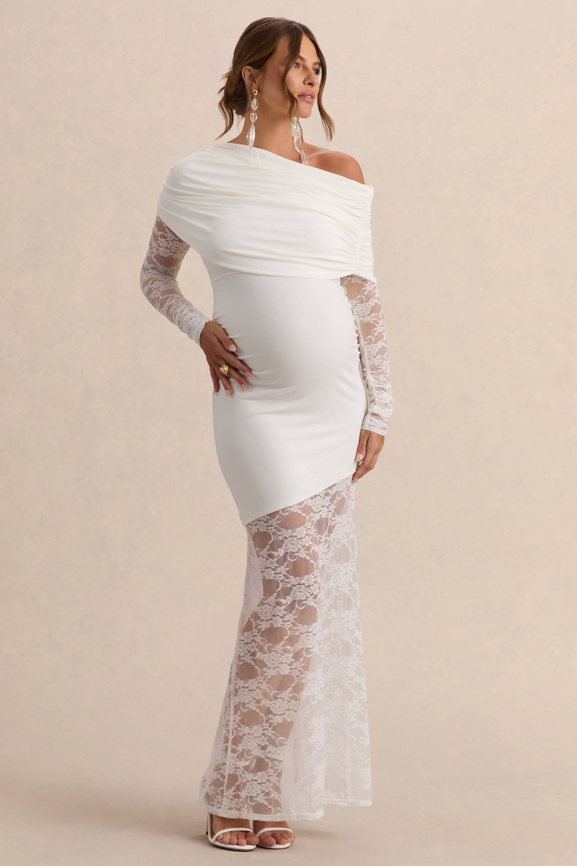 Giuliana | White Asymmetric-Neck Maternity Maxi Dress With Lace Detailing