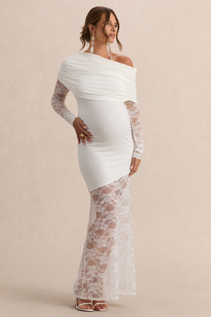 Giuliana | White Asymmetric-Neck Maternity Maxi Dress With Lace Detailing