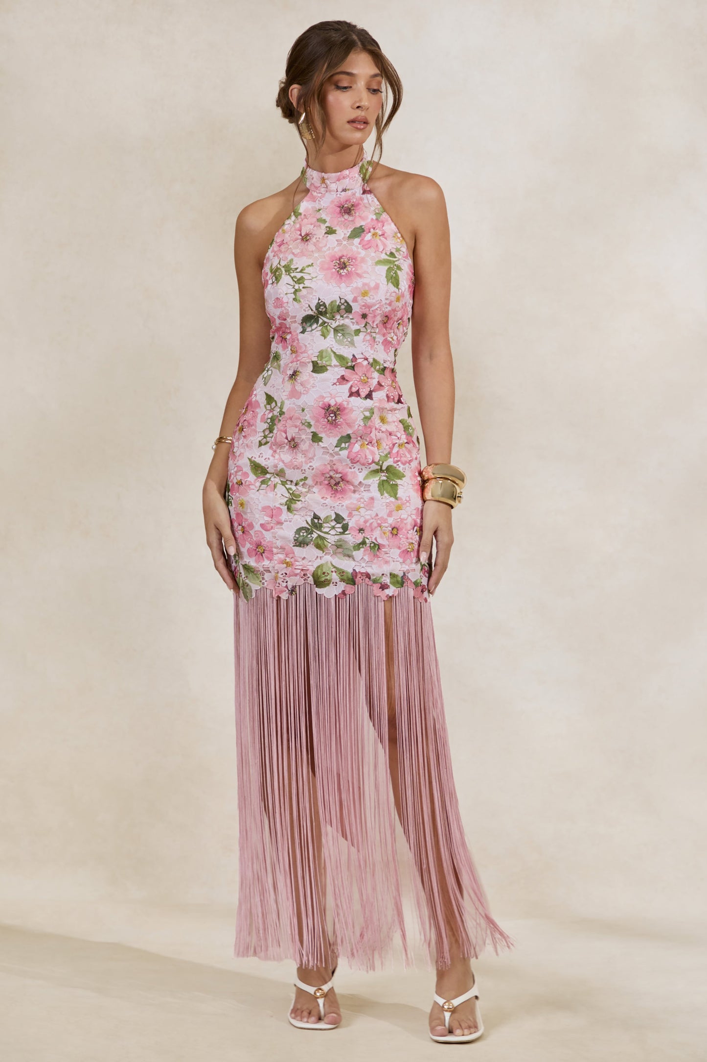 Lerisa | Pink Floral Print Lace Halter-Neck Fringed Maxi Dress