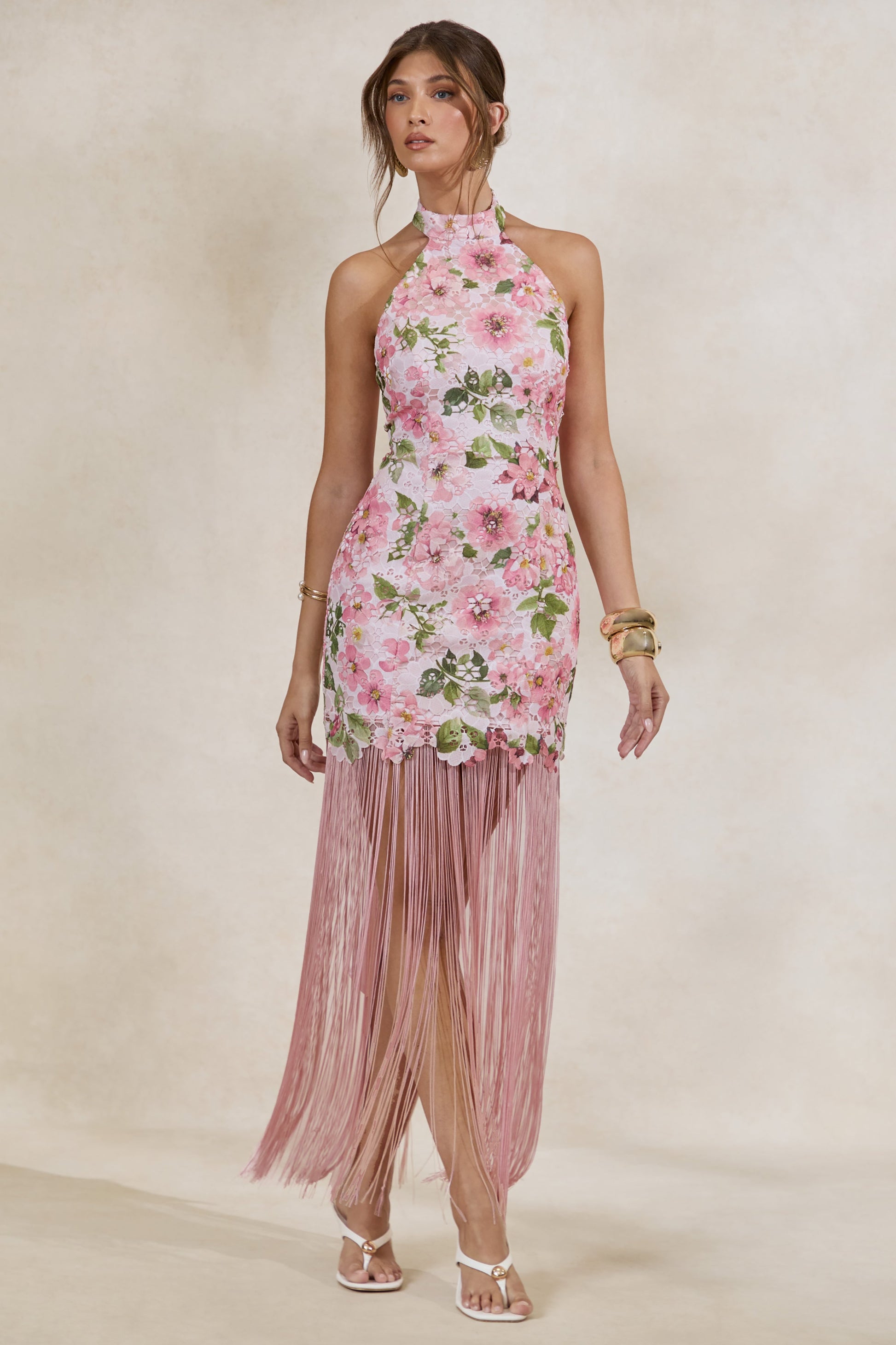Lerisa | Pink Floral Print Lace Halter-Neck Fringed Maxi Dress