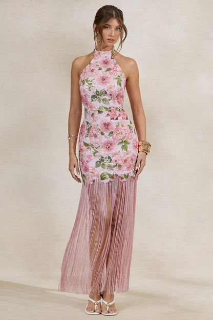 Lerisa | Pink Floral Print Lace Halter-Neck Fringed Maxi Dress