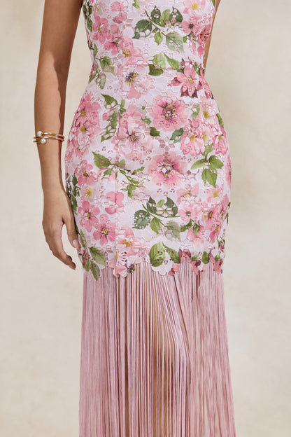 Lerisa | Pink Floral Print Lace Halter-Neck Fringed Maxi Dress