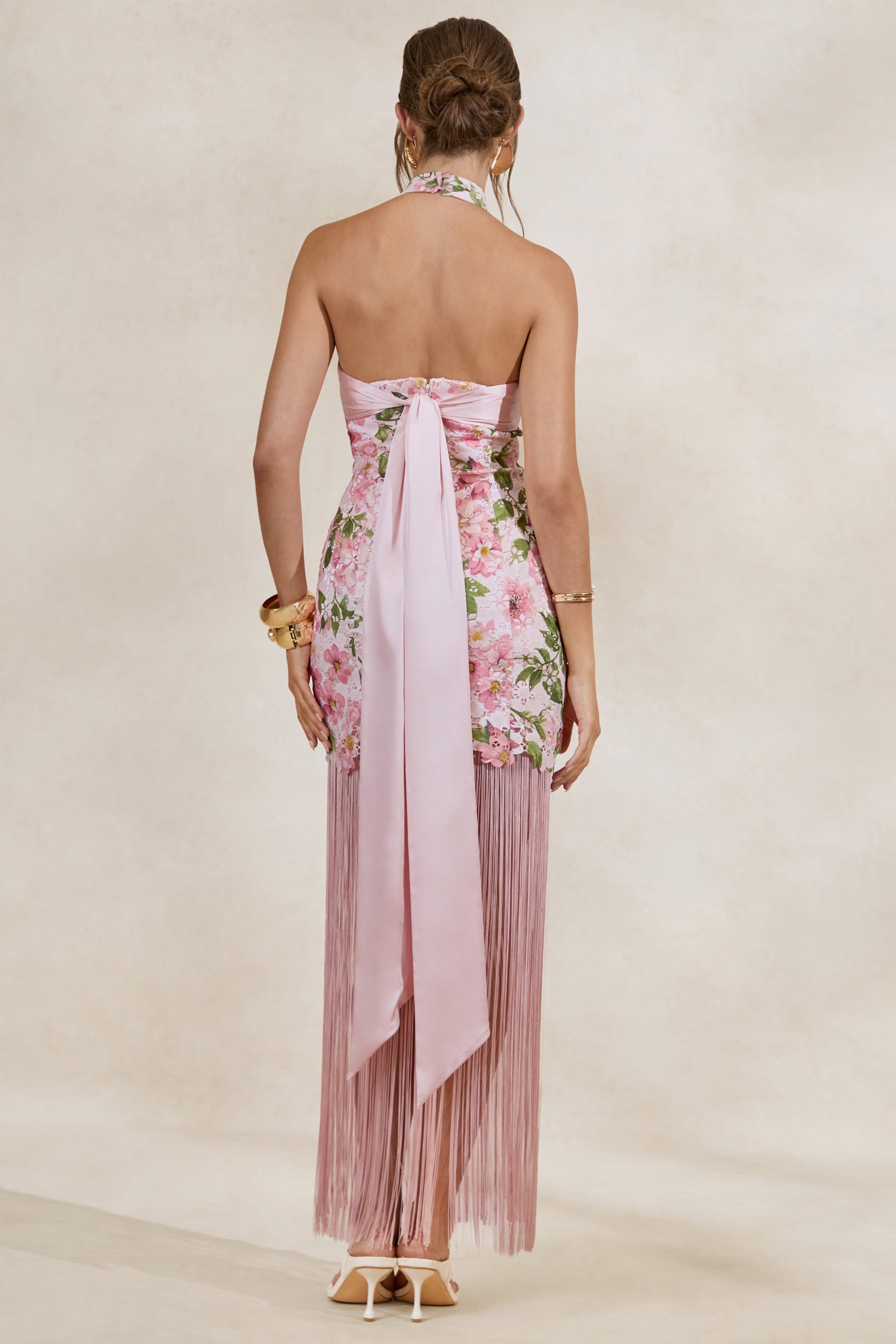 Lerisa | Pink Floral Print Lace Halter-Neck Fringed Maxi Dress