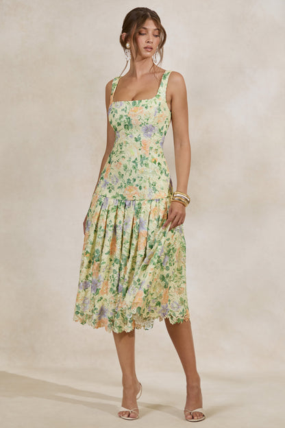 Lumara | Lemon Floral Print Lace Square-Neck Midi Dress With Drop Waist