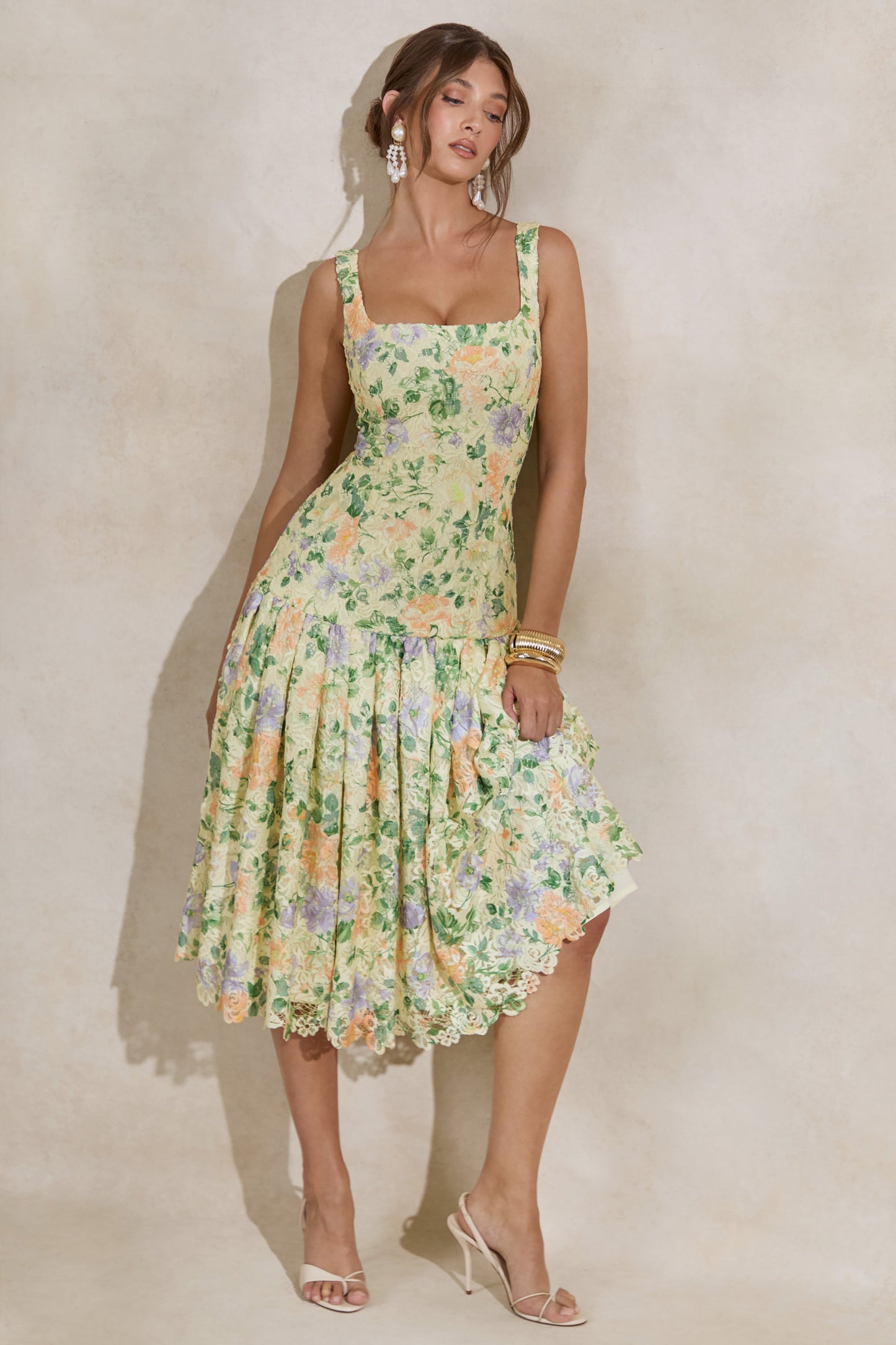 Lumara | Lemon Floral Print Lace Square-Neck Midi Dress With Drop Waist