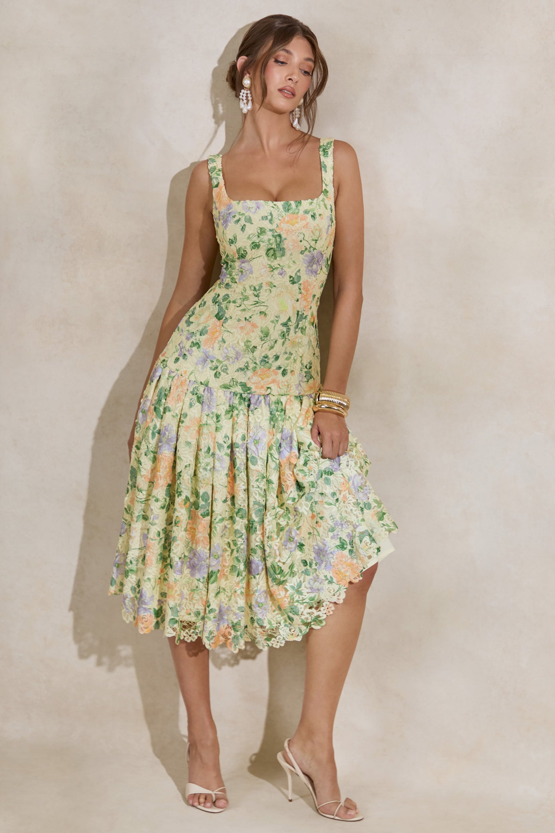 Lumara | Lemon Floral Print Lace Square-Neck Midi Dress With Drop Waist