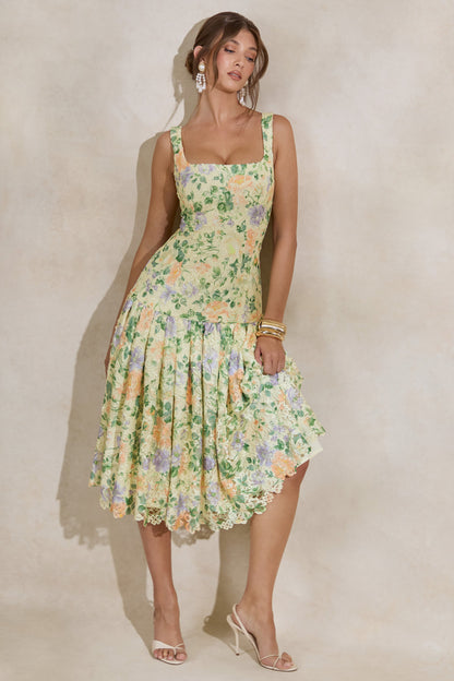 Lumara | Lemon Floral Print Lace Square-Neck Midi Dress With Drop Waist