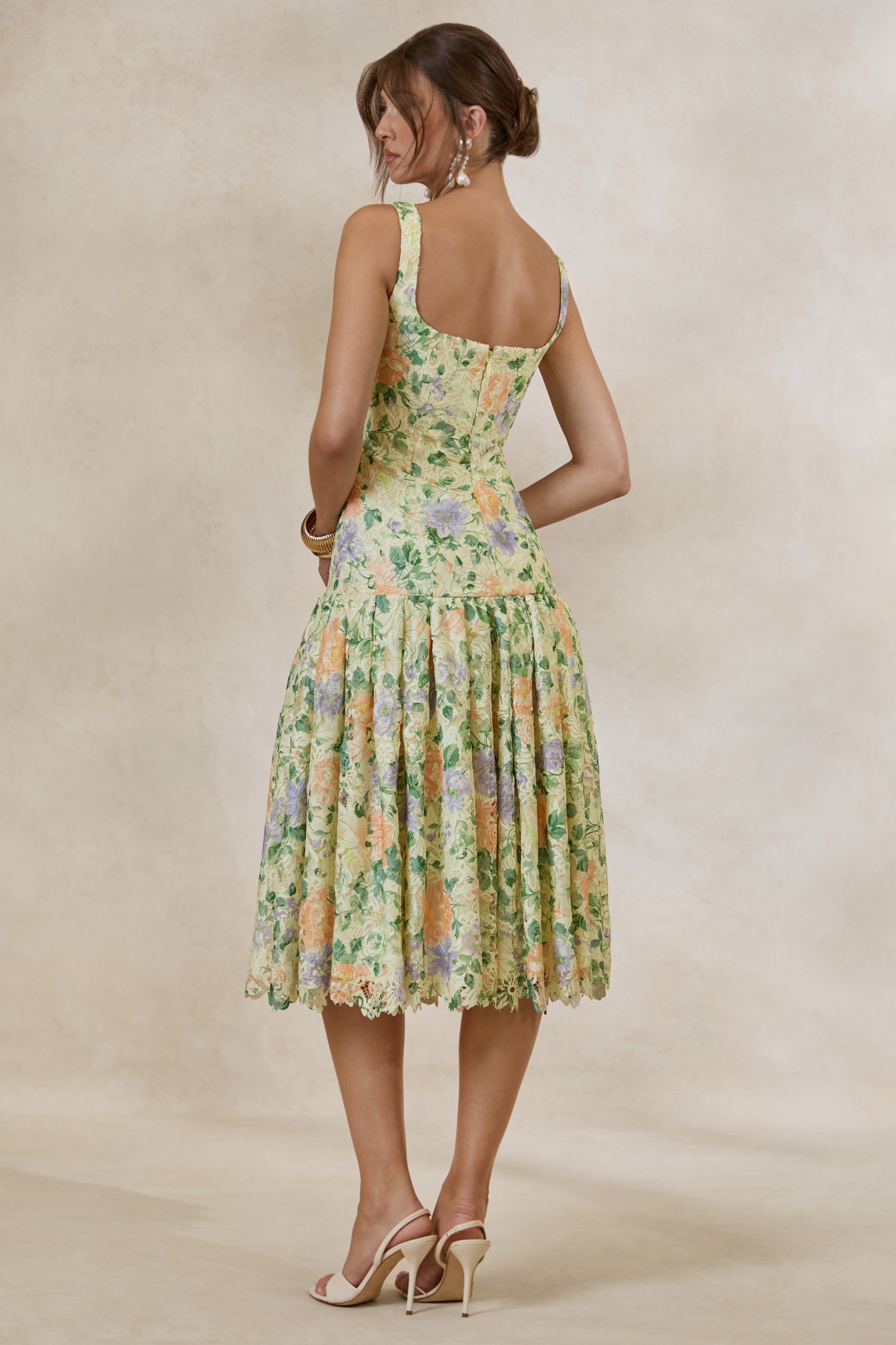 Lumara | Lemon Floral Print Lace Square-Neck Midi Dress With Drop Waist