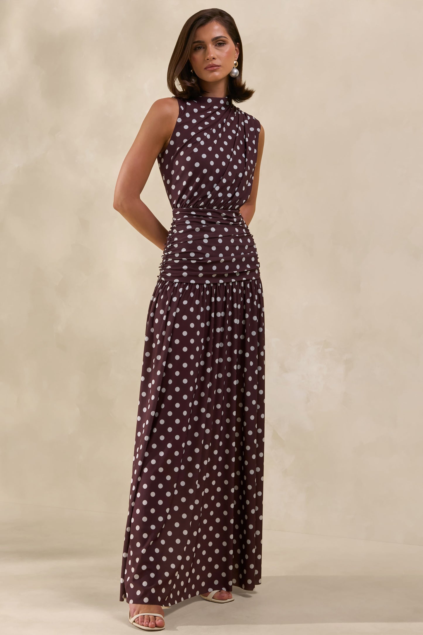 Kelis | Brown Polka-Dot High-Neck Maxi Dress With Draped Detailing