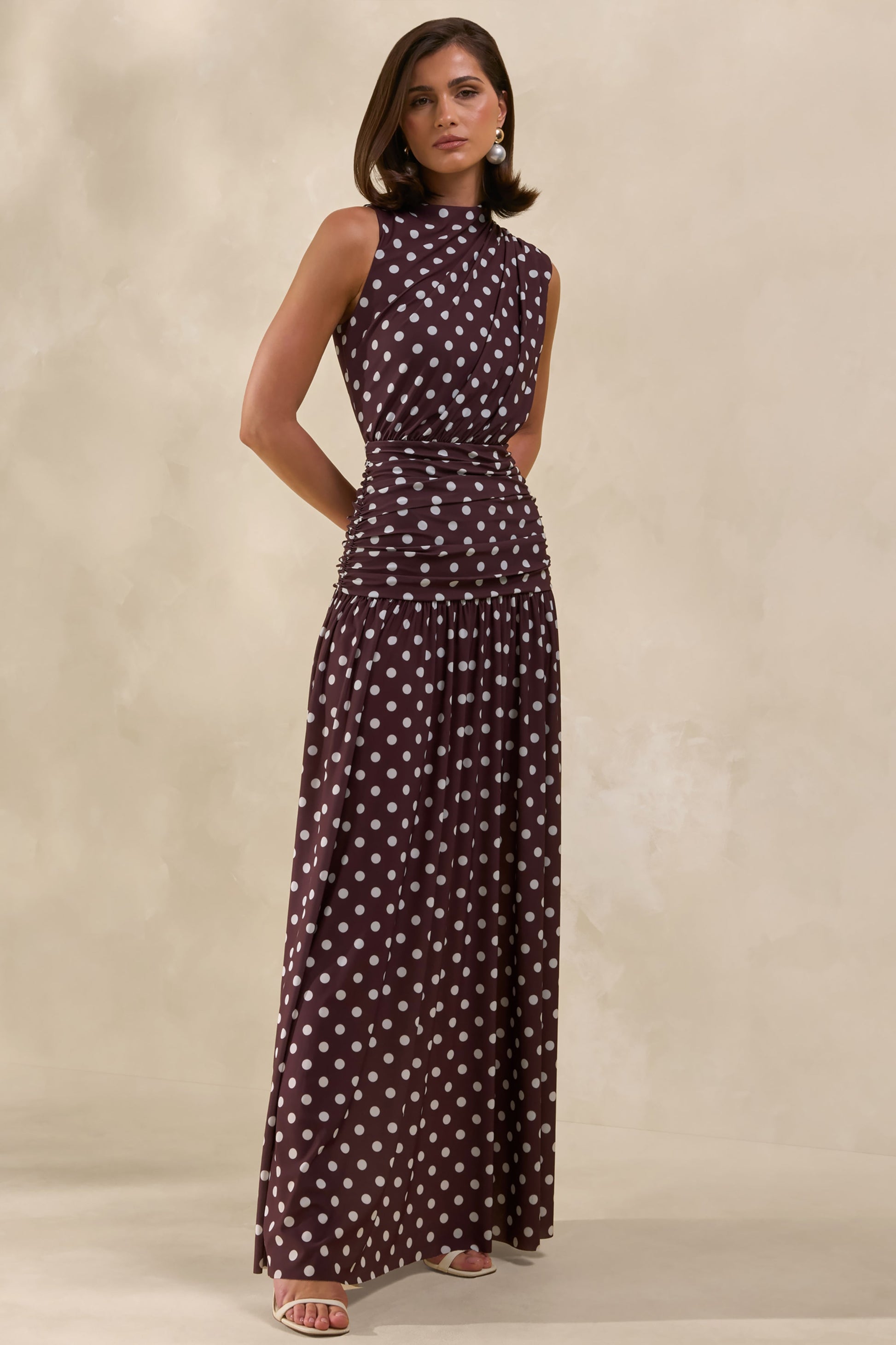 Kelis | Brown Polka-Dot High-Neck Maxi Dress With Draped Detailing