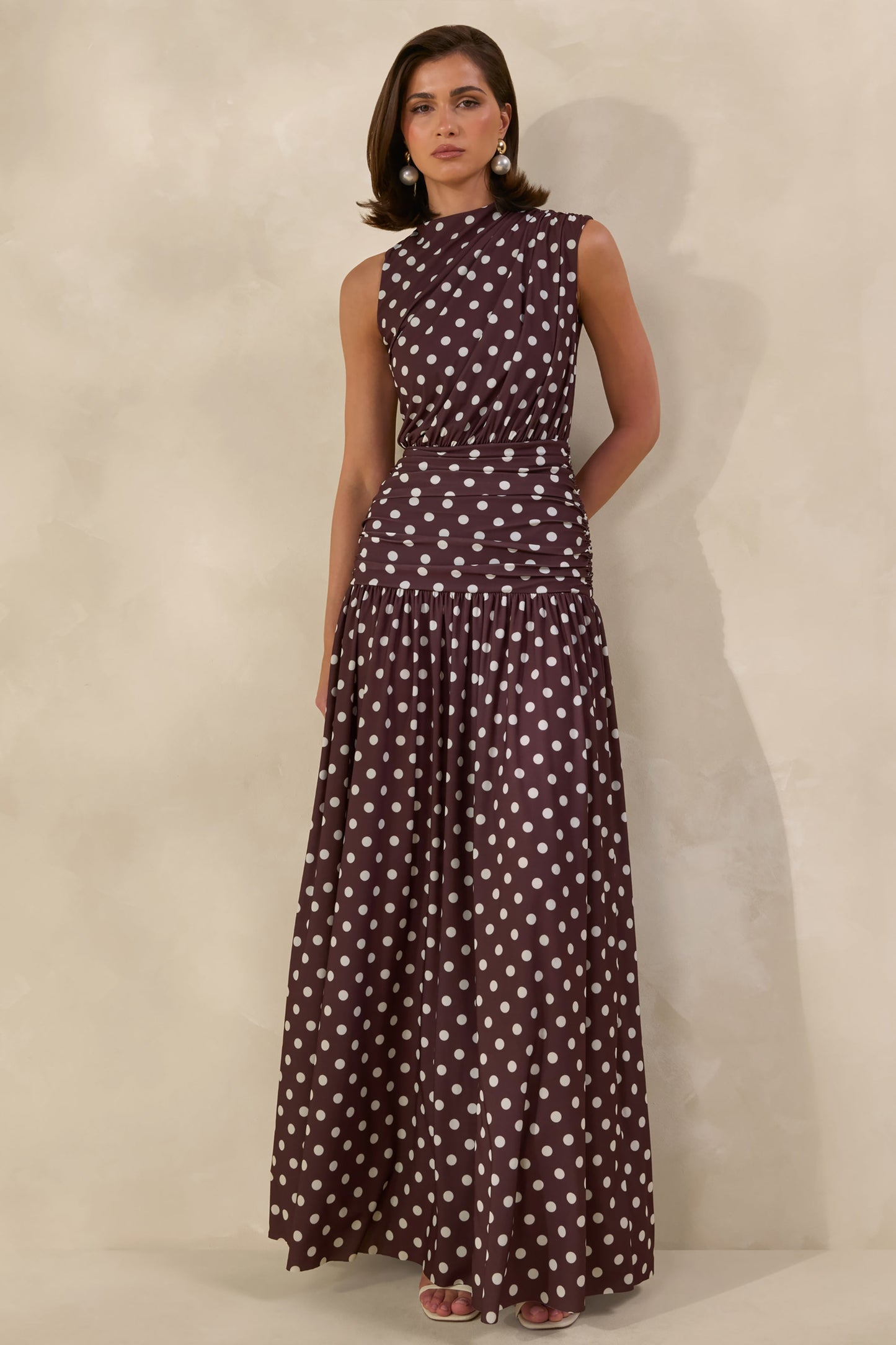 Kelis | Brown Polka-Dot High-Neck Maxi Dress With Draped Detailing