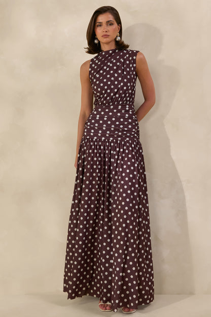 Kelis | Brown Polka-Dot High-Neck Maxi Dress With Draped Detailing