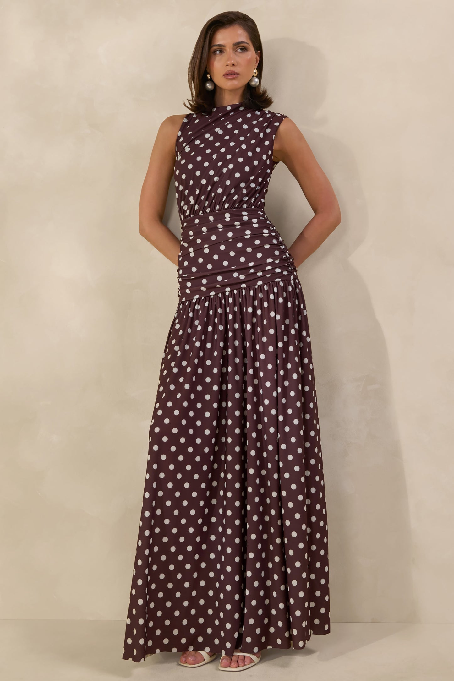 Kelis | Brown Polka-Dot High-Neck Maxi Dress With Draped Detailing