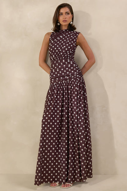 Kelis | Brown Polka-Dot High-Neck Maxi Dress With Draped Detailing