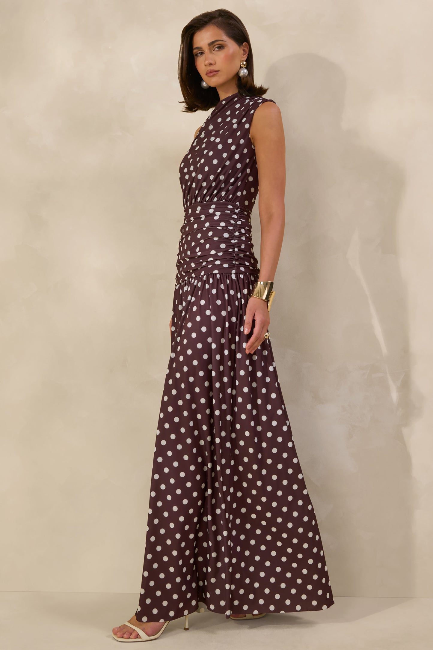 Kelis | Brown Polka-Dot High-Neck Maxi Dress With Draped Detailing