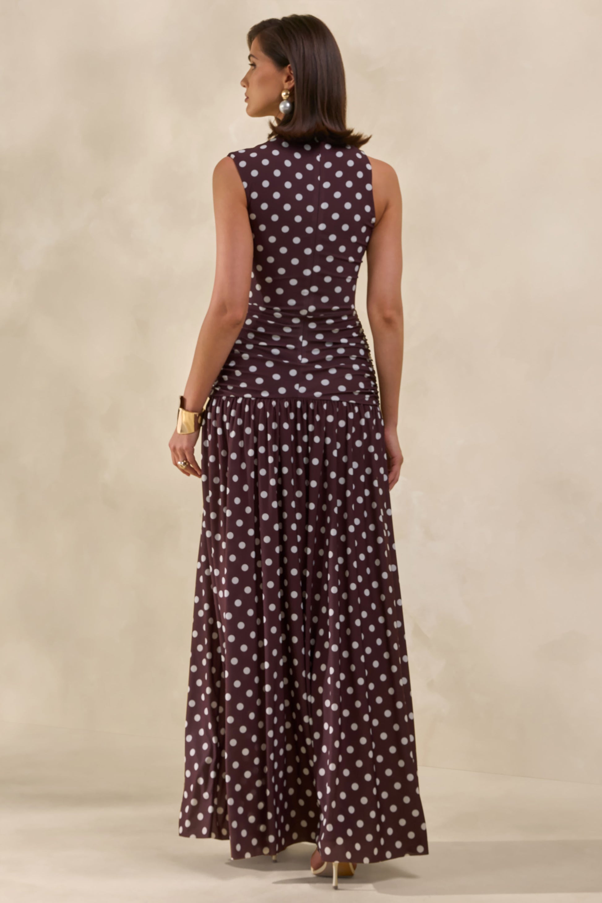 Kelis | Brown Polka-Dot High-Neck Maxi Dress With Draped Detailing