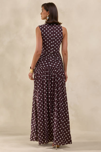 Kelis | Brown Polka-Dot High-Neck Maxi Dress With Draped Detailing