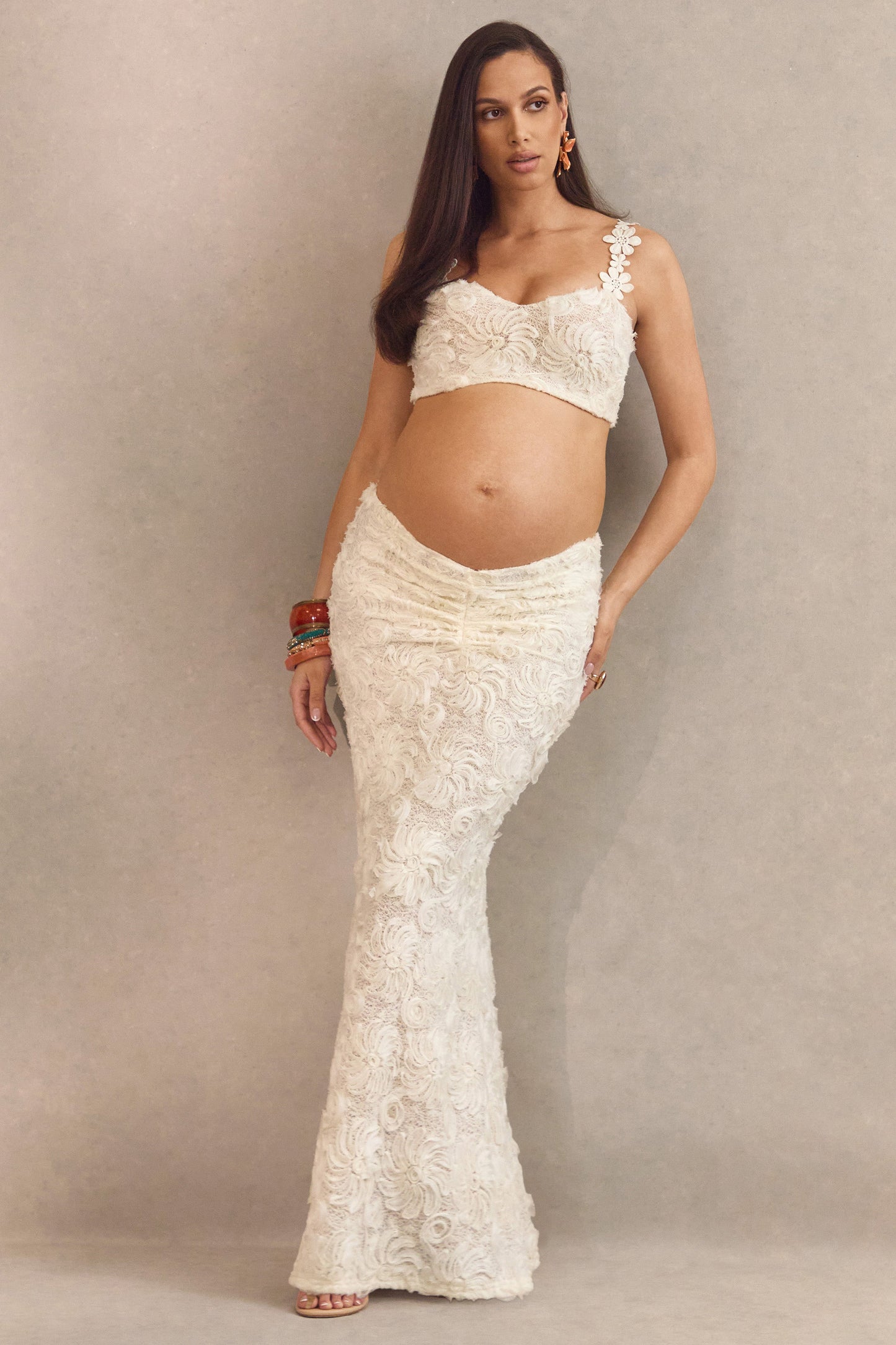 Arlina | White Lace Maxi Skirt With Gathered Detailing