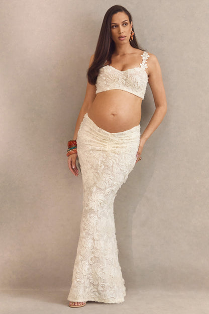 Arlina | White Lace Maxi Skirt With Gathered Detailing