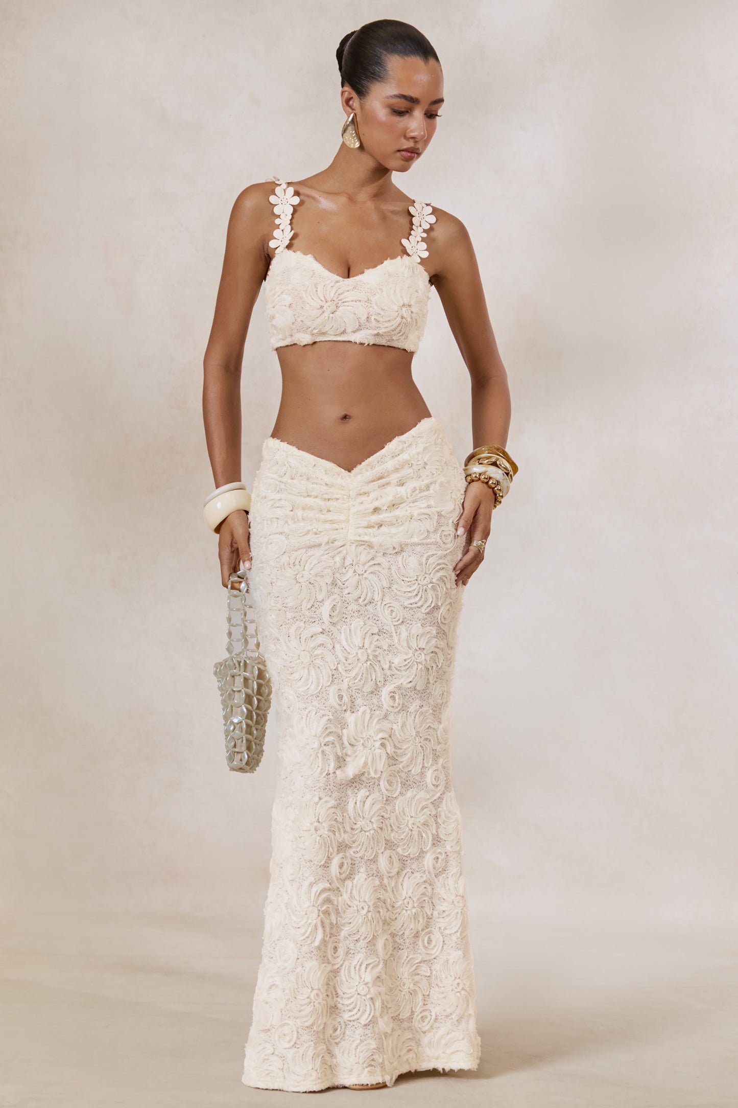 Arlina | White Lace Maxi Skirt With Gathered Detailing